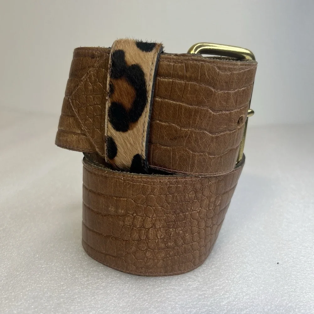 Vintage Ruza Croc Embossed Leather Wide Belt Leopard Strap Women 38
